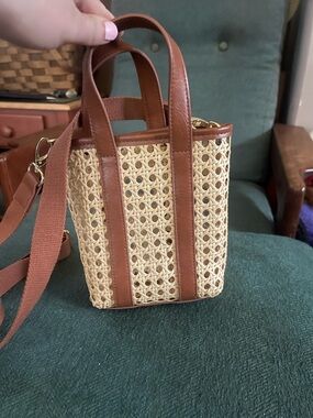Woven Straw Crossbody Tote with Brown Trim